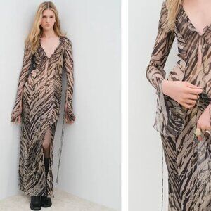 Zara Brown and Black Sheer Maxi Dress with Subtle Ruffle V-Neck